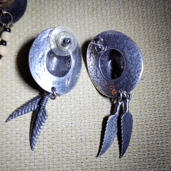 Bohemian Tribal Wood And Composite Earrings, Silver Cowgirl Hat W Dangle Feather - Picture 6 of 6
